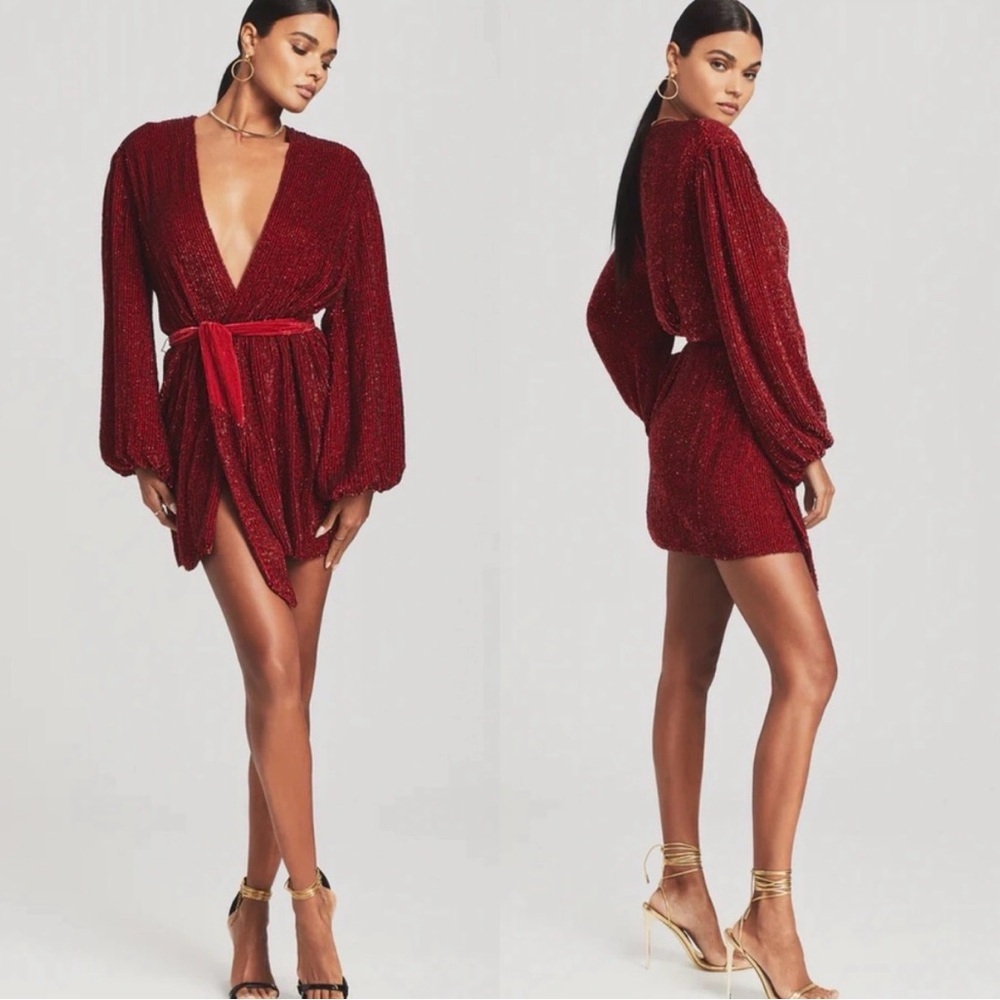 Retrofete Gabrielle Sequin Robe Wrap Mini Long Sleeve Dress Ruby Red Small
